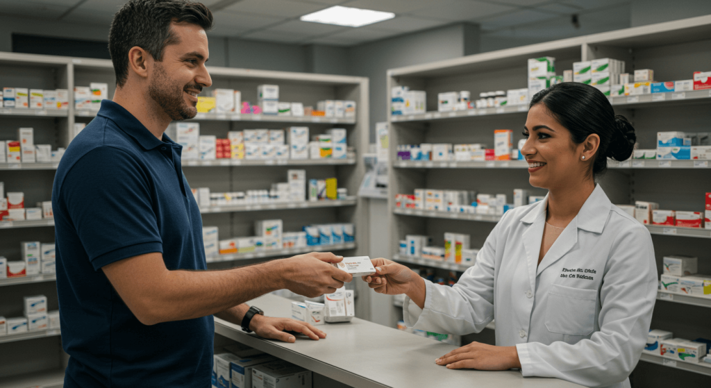 American patient receiving medications inside a licensed Tijuana pharmacy as part of cross-border medical tourism.
