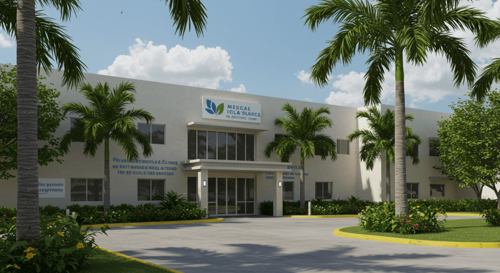Modern medical clinic in Cancun surrounded by palm trees for medical tourism