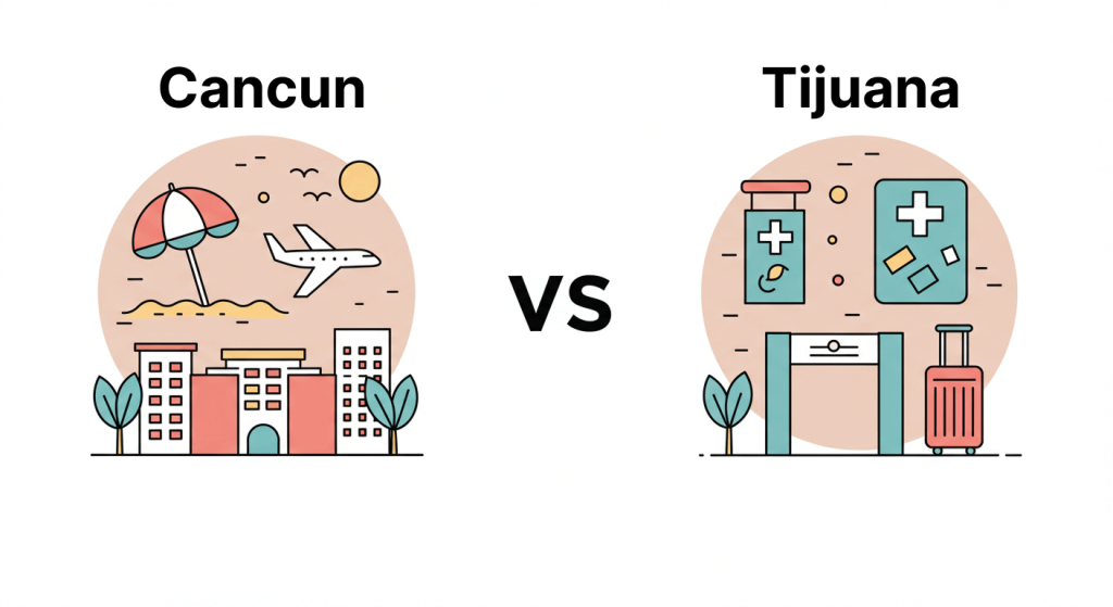 Infographic-style comparison of Cancun and Tijuana for medical tourism Cancun