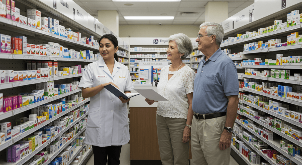Concierge helping an American patient at a licensed pharmacy in Tijuana
