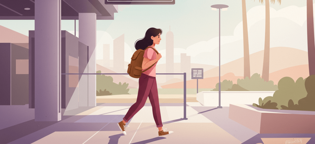 Illustration representing what is medical tourism, showing a woman crossing the pedestrian border to Mexico for affordable prescription medications.