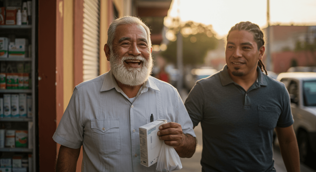 Smiling senior walking out of Mexican pharmacy with medication, highlighting benefits of medical tourism for retirees.
