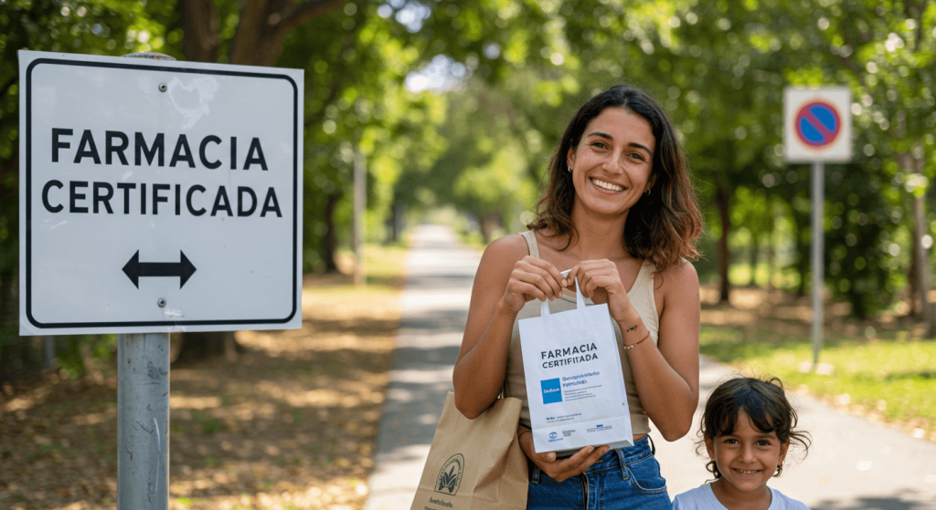 Happy woman holding a pharmacy bag near a certified pharmacy sign after completing her medical tourism visit.