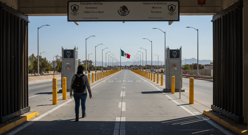 Exterior view of a real pharmacy near the U.S.–Mexico border with people walking and palm trees.