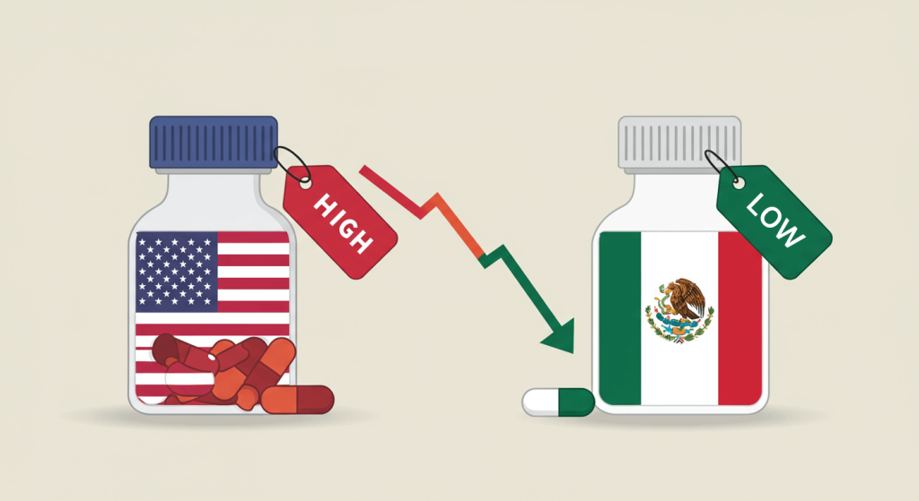 Medical tourism and insurance cost comparison for prescriptions using pill bottles and flags