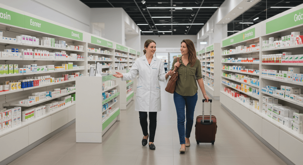 Assistant guiding a U.S. patient through a professional pharmacy abroad during a medical tourism visit.