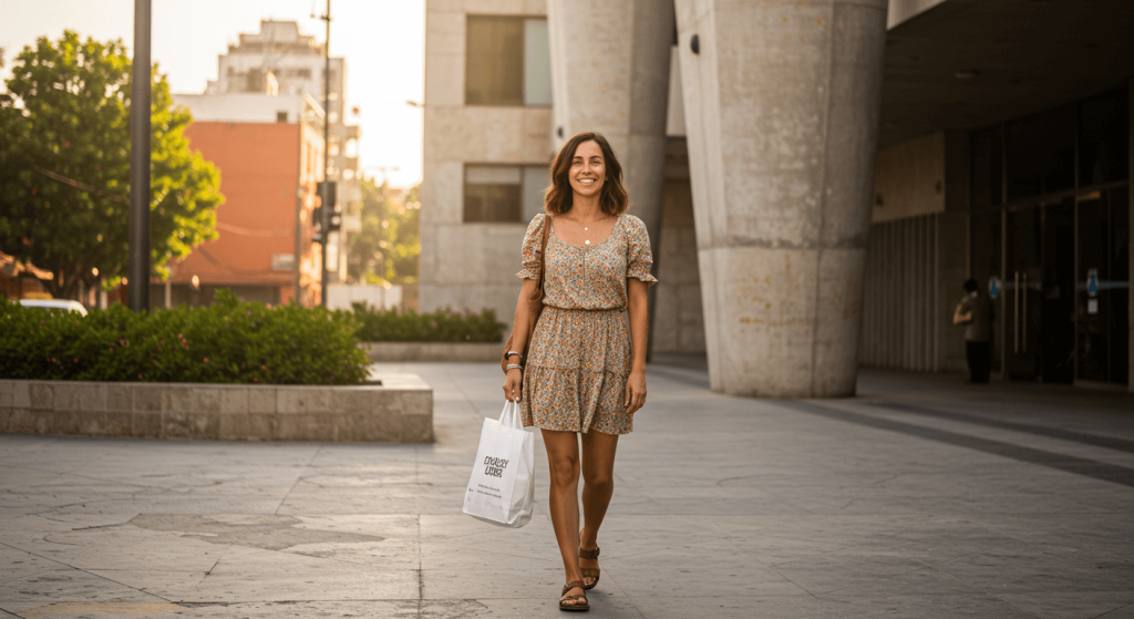 Smiling American woman holding a pharmacy bag outside a modern building in Mexico, representing medical tourism.