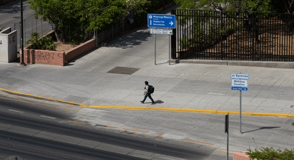 Traveler walking toward the Mexico border for medical tourism with a welcoming urban setting and clear path.