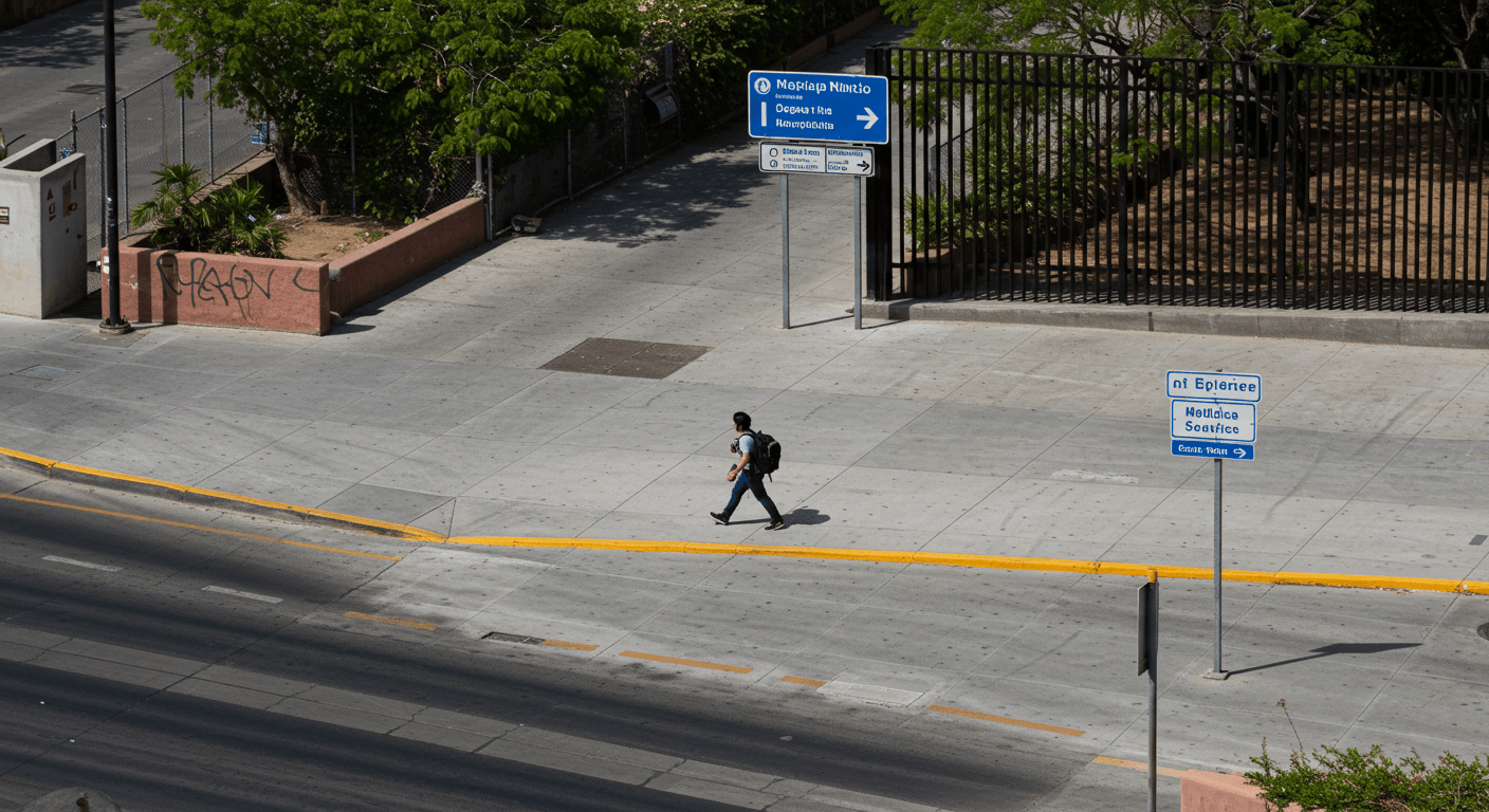 Traveler walking toward the Mexico border for medical tourism with a welcoming urban setting and clear path.