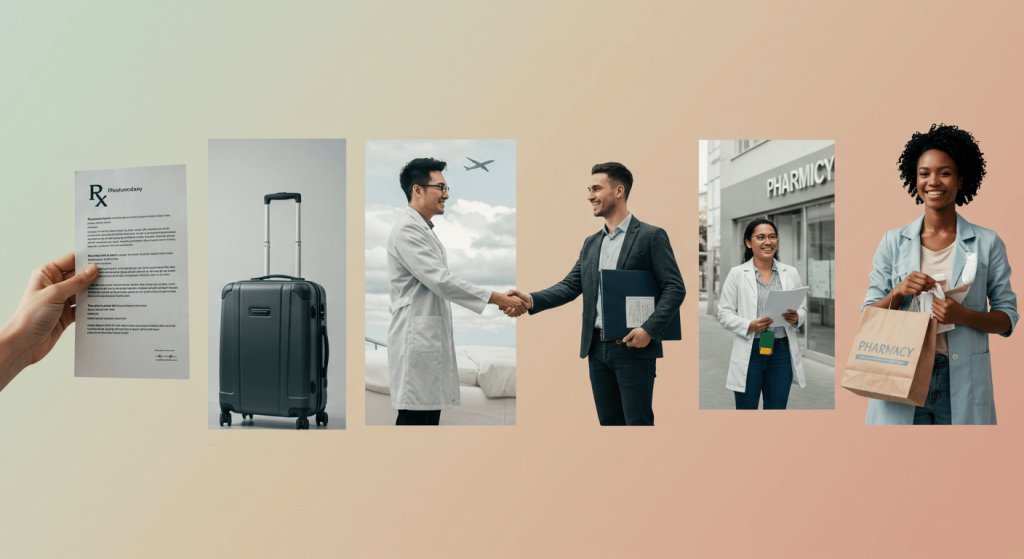 Conceptual collage of five medical tourism stages including prescription, travel, and pharmacy visit.