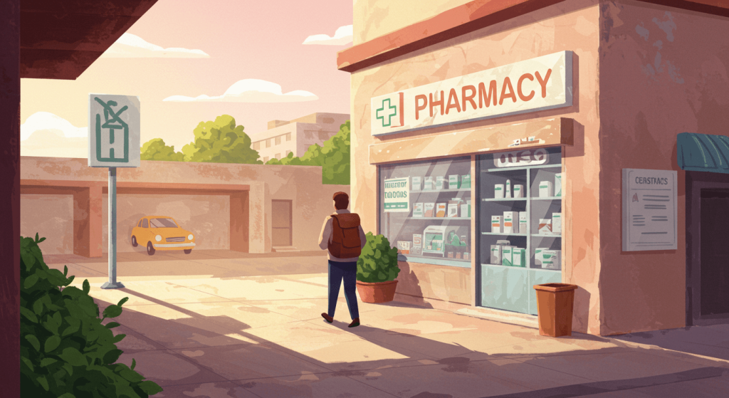 Illustration of a traveler walking toward a small border pharmacy, symbolizing medical tourism from the U.S.