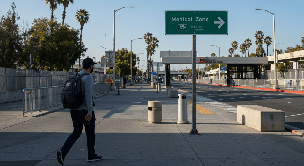 U.S. traveler walking toward Tijuana Medical District border crossing on a sunny day