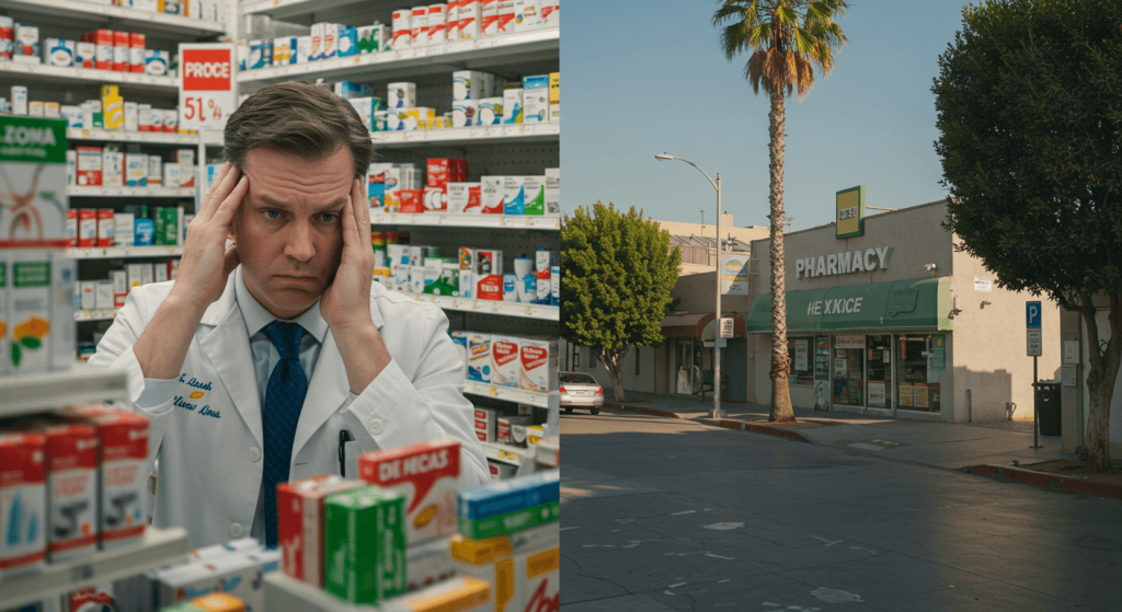 Comparison between a U.S. pharmacy and a Tijuana pharmacy scene showing medical tourism differences