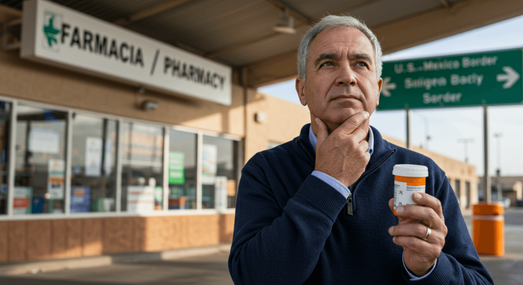 Middle-aged man holding prescription bottle at U.S.–Mexico border with a visible bilingual pharmacy sign