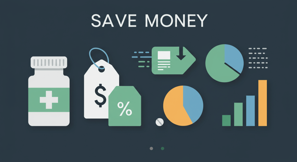 Minimalist graphic with pill bottles and price icons showing medication savings