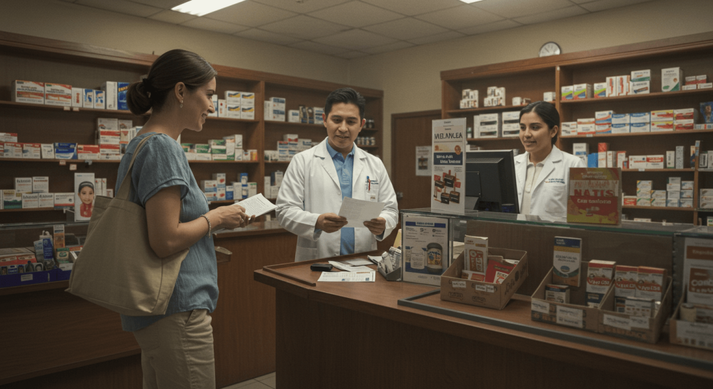 Mexican pharmacist attending a U.S. patient inside a Tijuana pharmacy