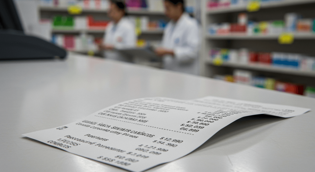 Receipt showing low-cost prescription drug prices in Mexican pesos from a licensed pharmacy.