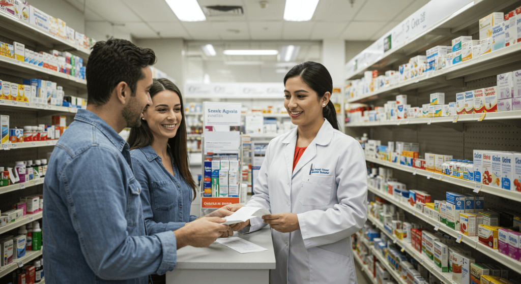 American patient receiving prescription help inside a pharmacy in Tijuana.