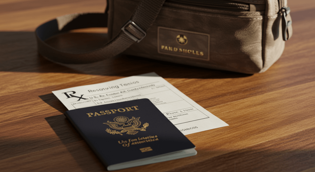 Passport, U.S. prescription, and travel bag prepared to buy medicine in Mexico safely.