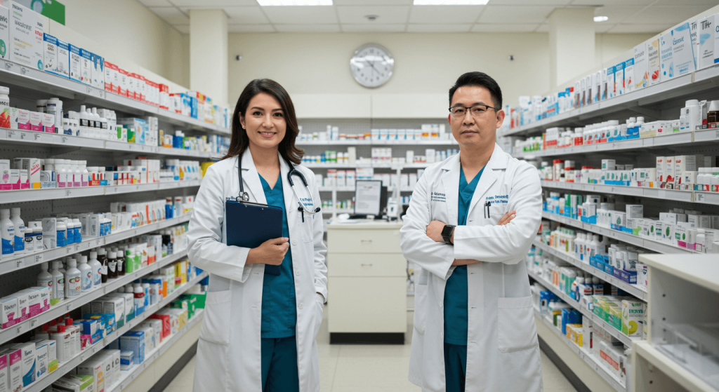 Bilingual doctor and pharmacist inside a certified pharmacy in Mexico, providing care for medical tourists.