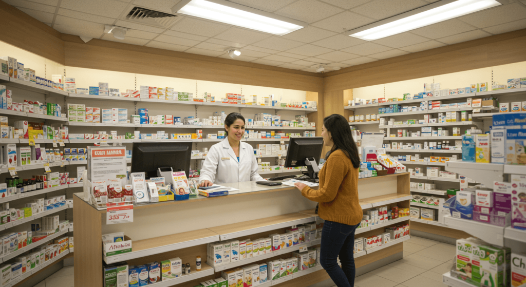 Pharmacist assisting patient at licensed pharmacy in Tijuana Mexico.