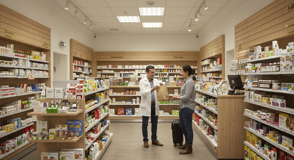 Smiling traveler picking up prescription at a certified pharmacy in Mexico.