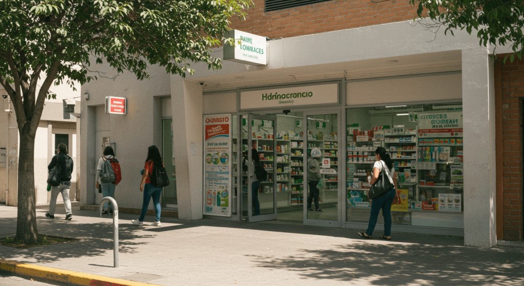 Photorealistic image of a modern pharmacy in Tijuana with people casually entering and leaving.