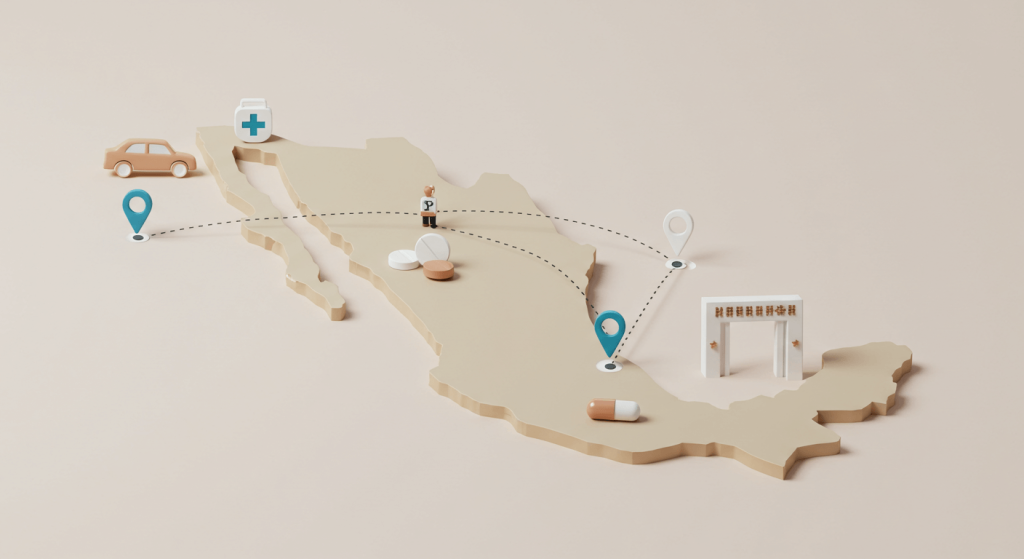 Flat illustration of U.S.–Mexico route with medical tourism icons