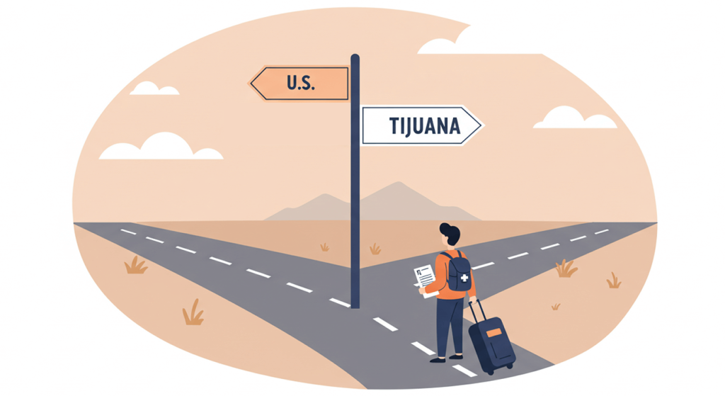 Illustration of a traveler choosing between U.S. and Tijuana for accessing affordable medications
