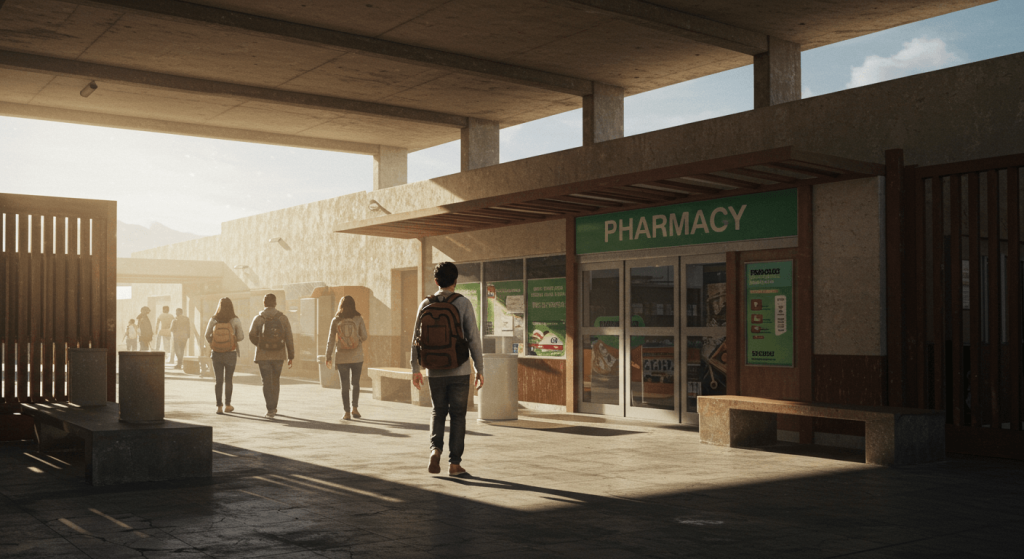 Realistic scene of a traveler walking through an international pedestrian border toward a pharmacy.