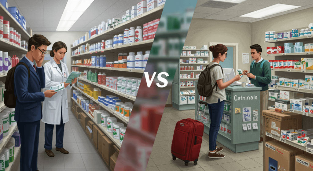Split-scene of U.S. patient facing high medication cost and Mexican traveler receiving affordable care.