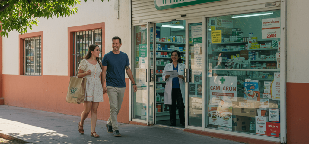 Smiling American couple exiting modern pharmacy in Tijuana after buying prescription medications