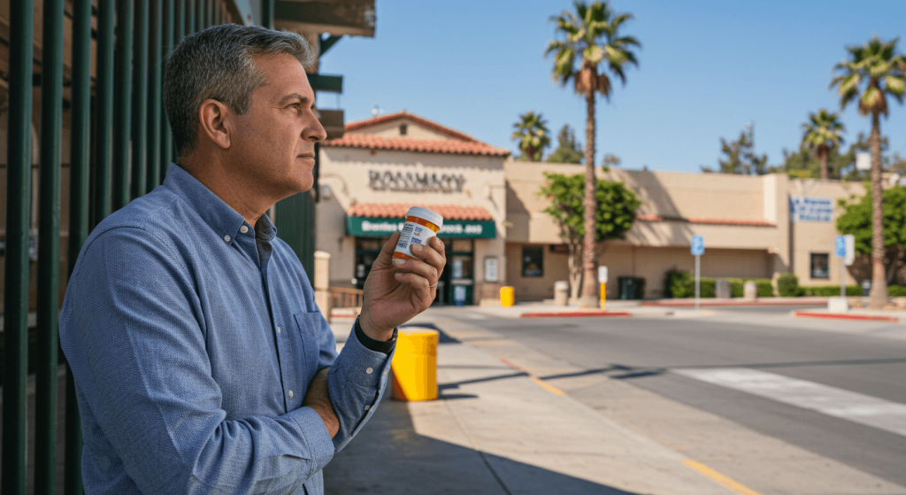 American man near Tijuana border looking at pharmacy building with prescription bottle in hand
