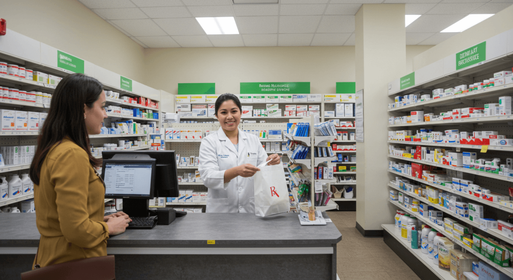 Pharmacist helping U.S. patient inside one of the certified Mexican pharmacies in Tijuana