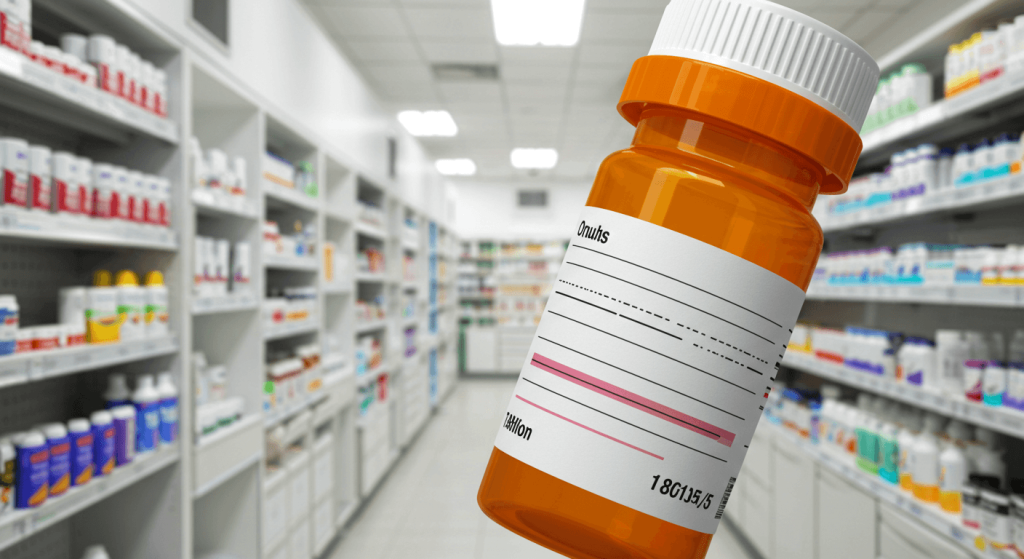 Close-up illustration of a prescription label on a medication bottle in a modern pharmacy, showing simulated text lines and dosage sections.