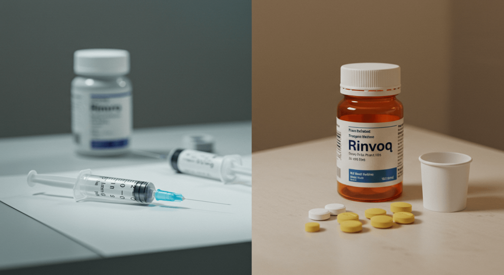 Comparison image of Humira injection and Rinvoq pill on medical background