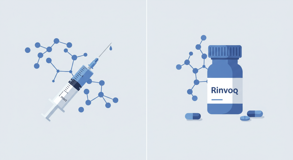 Side-by-side visual showing the differences between Humira and Rinvoq