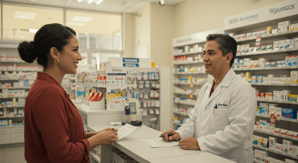 American patient consulting with licensed pharmacist in Tijuana pharmacy about Enbrel 50 mg access through medical tourism.