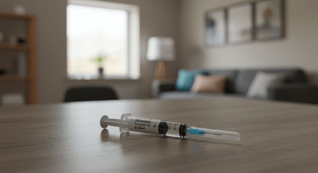 Humira syringe on a home counter for rheumatoid arthritis treatment