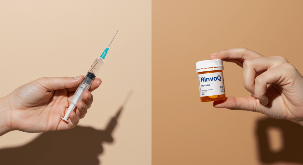 Visual comparison of Humira injection vs. Rinvoq pill for autoimmune treatment