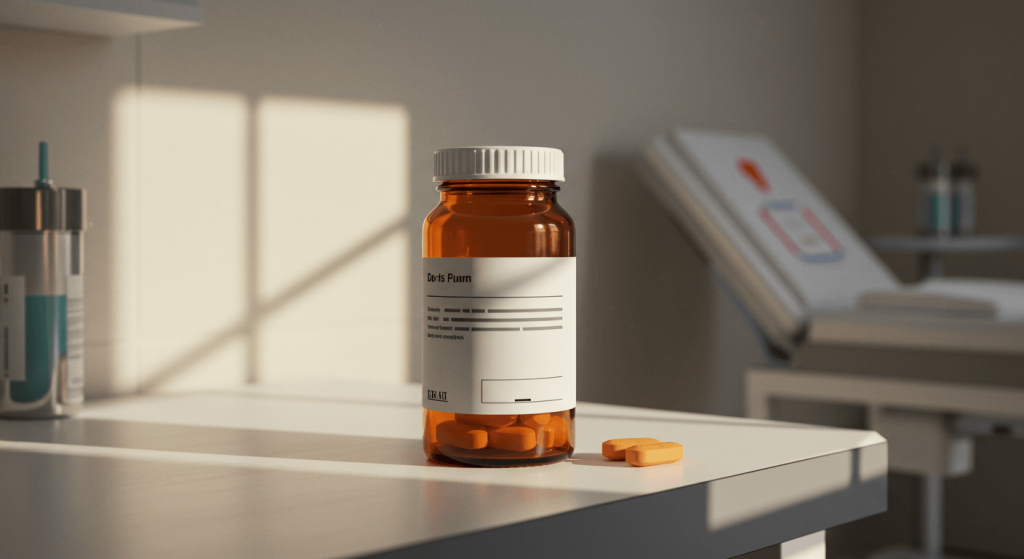 Illustration of a prescription pill bottle on a white countertop with simulated label text, soft shadows, and a clinic background.