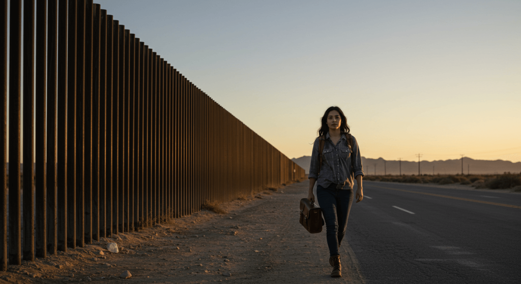 Traveler walking confidently near the U.S.–Mexico border crossing, symbolizing medical tourism for affordable prescriptions.