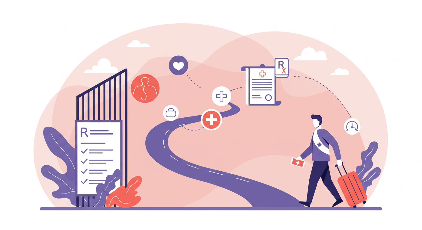 Illustration of medical tourism in Tijuana with a border crossing and healthcare icons.