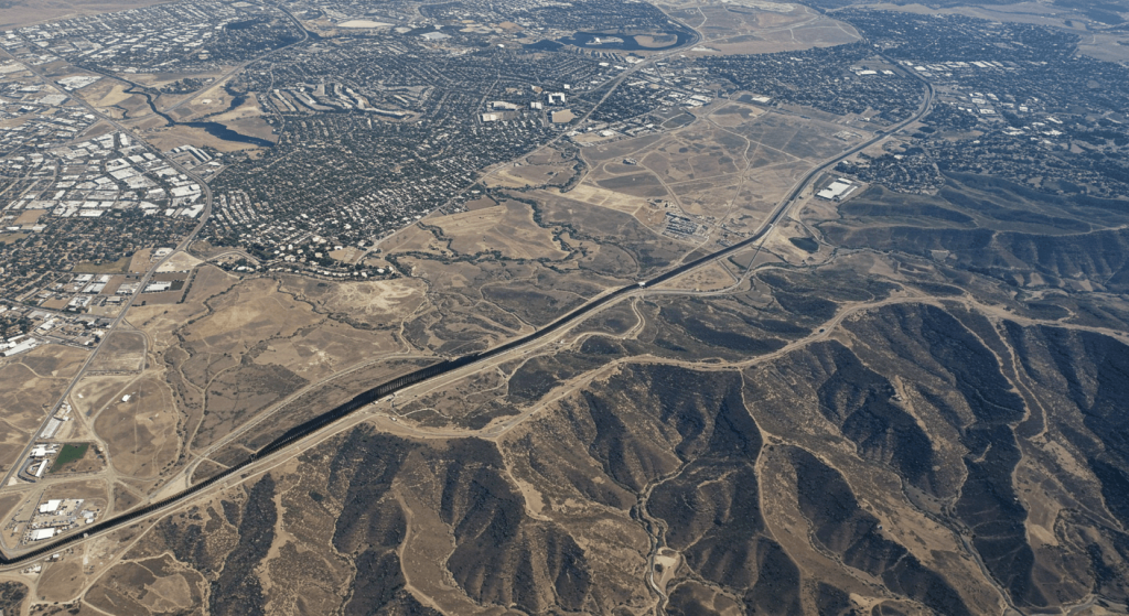 Realistic aerial view of the U.S.–Mexico border in Tijuana, showing landscape and easy access for medical tourism to Mexico.