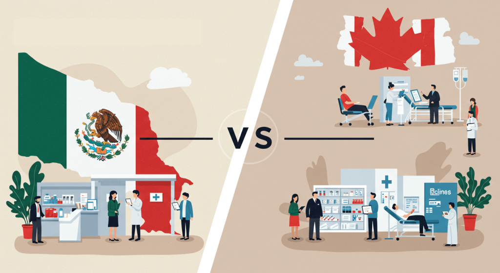 Symbolic visual comparing Mexico and Canada for specialty medications access, highlighting professional and trustworthy healthcare representation.