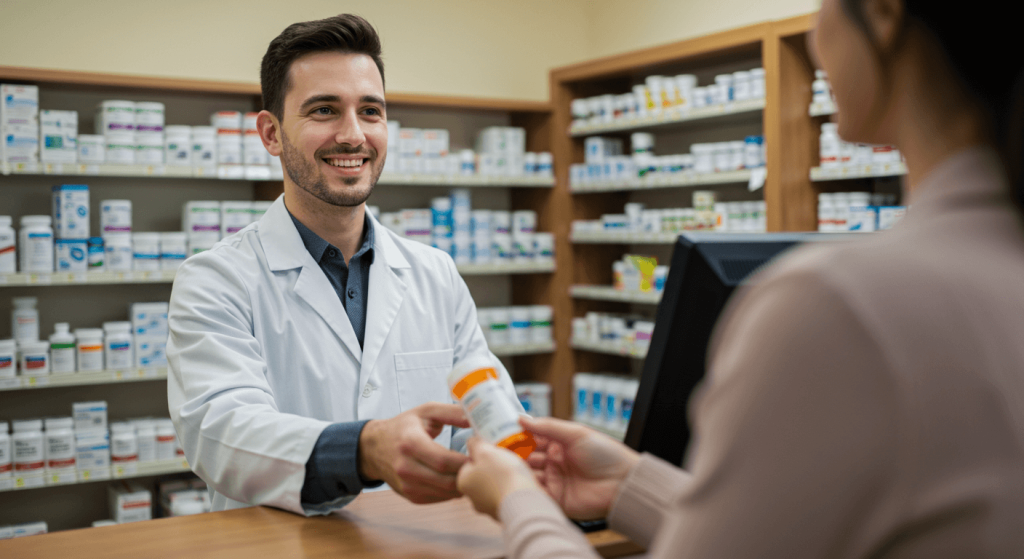 Pharmacist handing a prescription label medication bottle to a patient in a modern pharmacy, label blurred with simulated text lines.