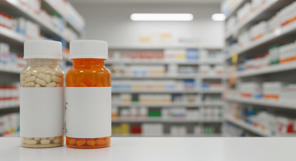 Pharmacy counter with plain and colorful pill bottles, labels blurred, symbolizing generic and brand name drug comparison.
