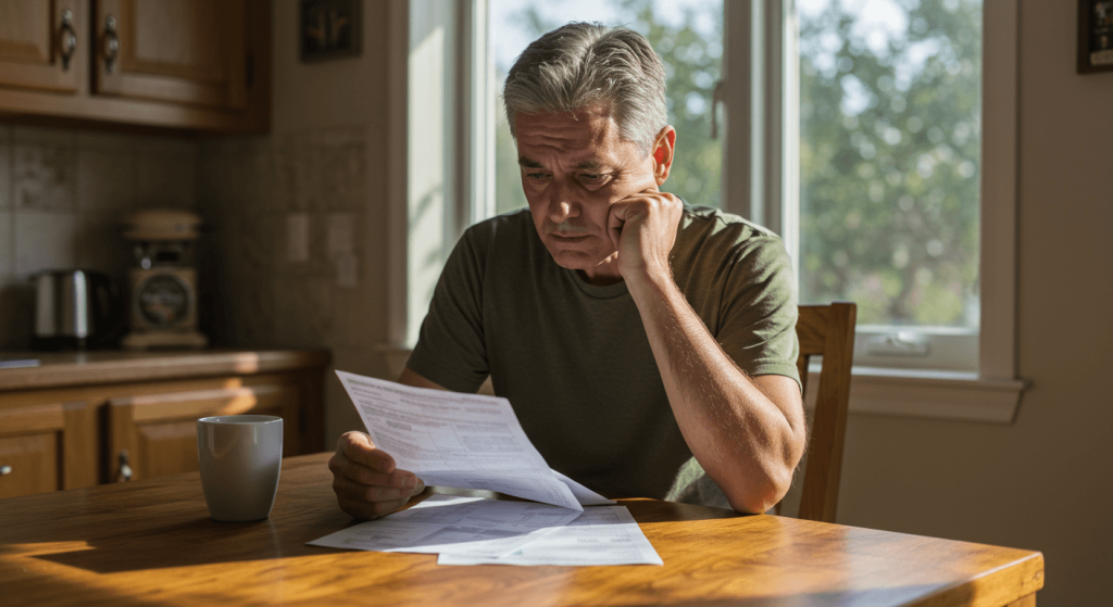 Person reviewing bills at home while considering Taltz price savings through medical tourism.