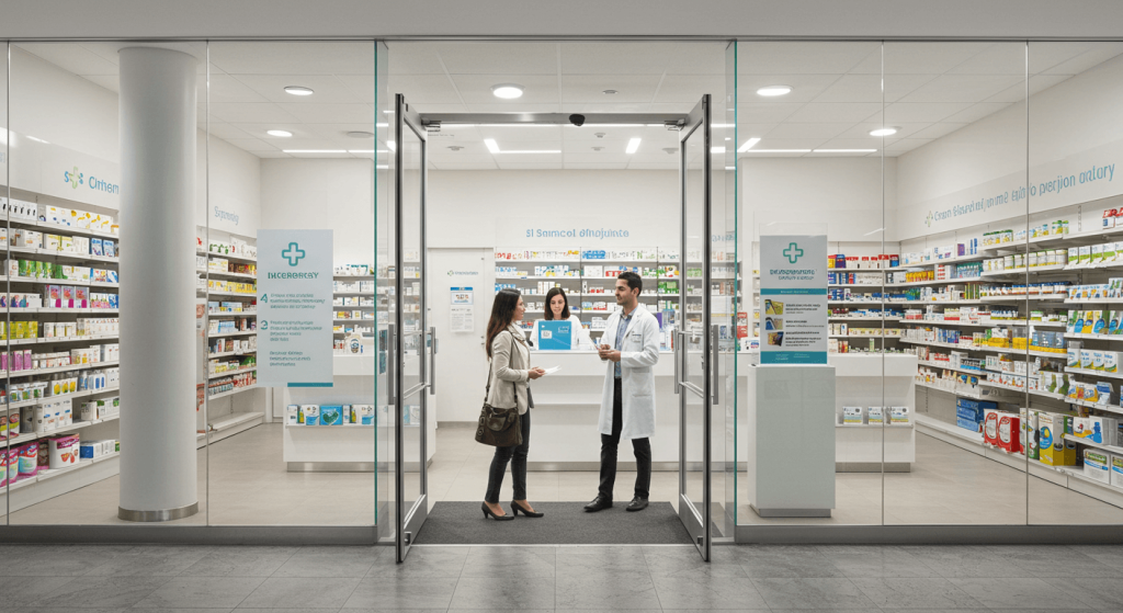 Patient entering a modern pharmacy in Tijuana to access specialty medications, greeted by a pharmacist in a professional and safe environment.