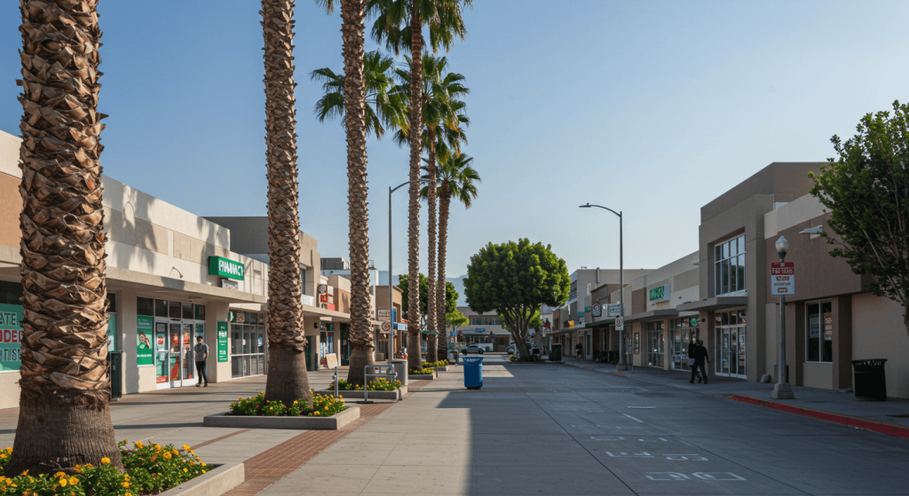 Wide street view of pharmacy area in Tijuana near the U.S. border with palm trees and modern buildings